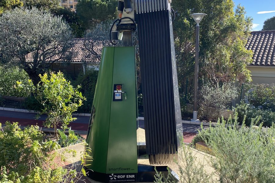 Smartflower stand-alone solar tracker installed in Monaco, panels folded